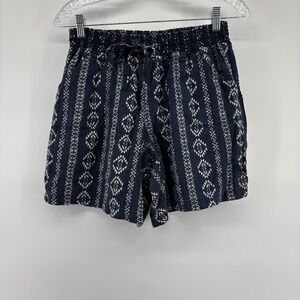 Hannah‎ Women's Medium Blue  Aztec Geometric Print Drawstring Waist Linen Shorts